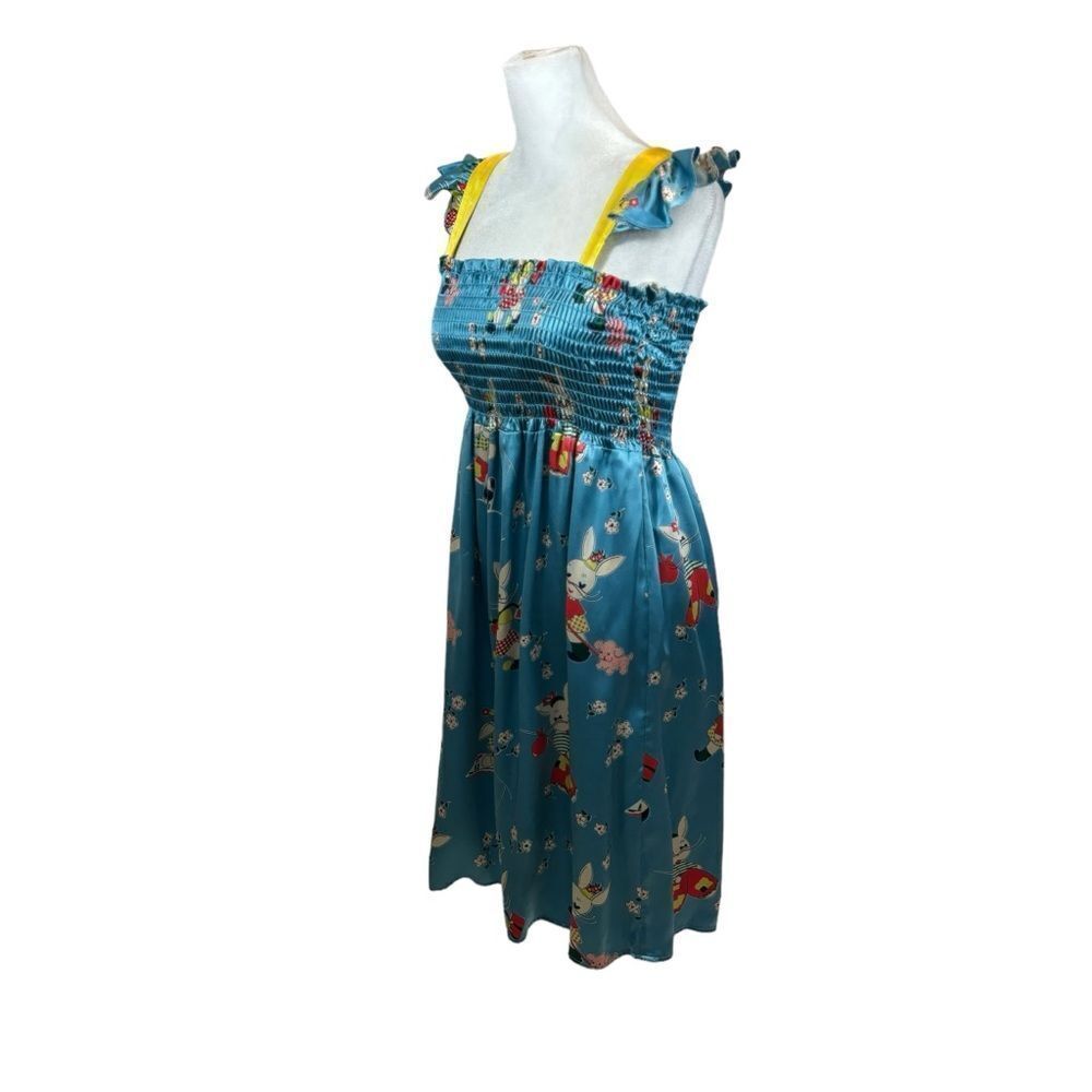 Rare Voom Brand 100% Silk Cartoon Rabbit Print Square Neck Dress Size Medium - Picture 4 of 16